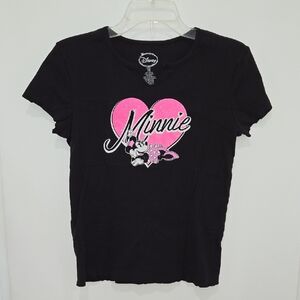 Disney Women's Minnie Mouse Black Tee with Graphic Sparkle Pink Heart